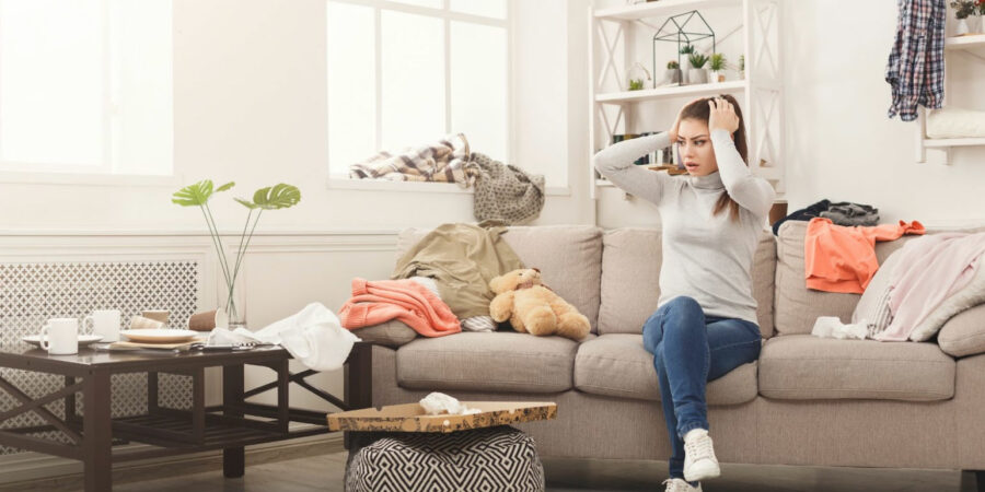 Girl overwhelmed by unorganized home